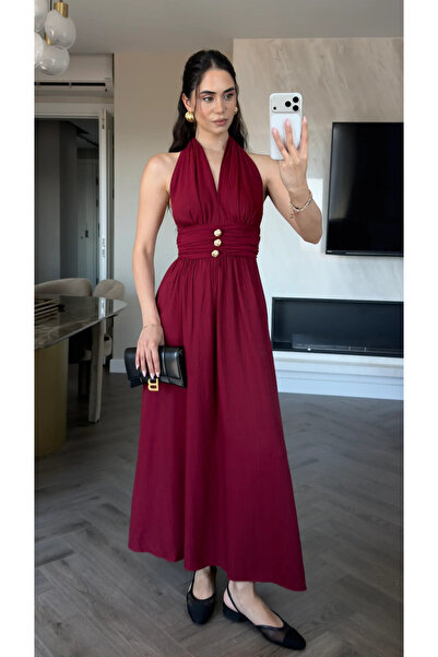 My Blog Rochie Burgundy cu gât halter și detalii aurii - 205369