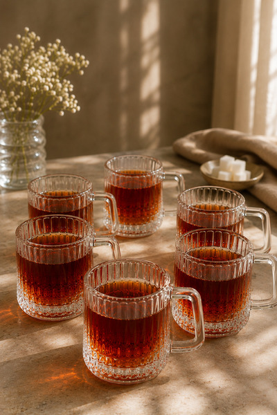 YzHome 6 Lı Cam Kulplu Çizgili Çay Bardağı Bardak Kupa 150ml