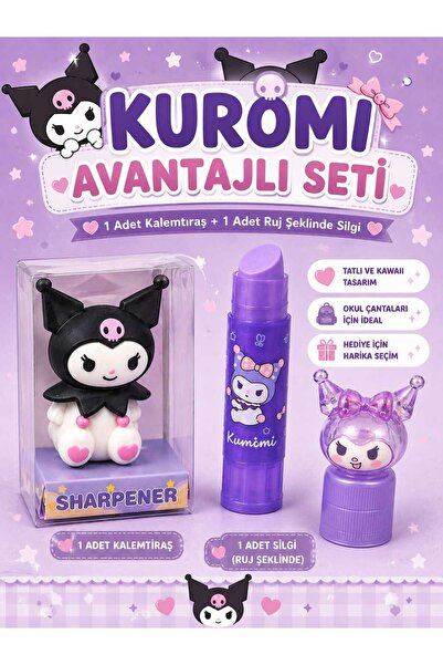 PeriMila Sanrio Kuromi Karakterli Kalemtıraş ve Ruj Silgi Seti - 2 Parça Sevi...