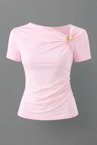 Potenza Women's T-Shirt Short Sleeve Asymmetrical Collar Gold Buckle Detailed...