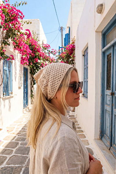 Zizu Kadın File Delikli Triko Örgü Bandana Bohem Tığ İşi Crochet Şapka Bere