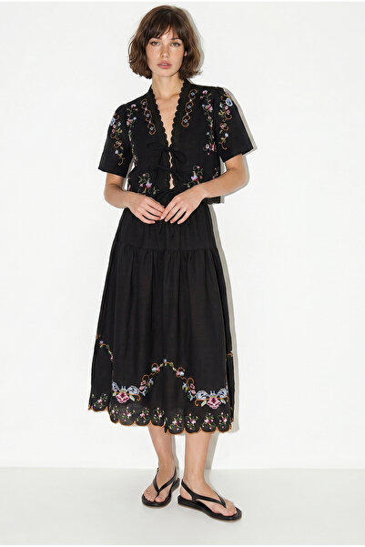 Bianco Lucci Women's Embroidered Tie Detailed Lined Midi Skirt Blouse Linen S...