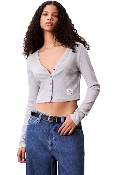 Calvin Klein Ls Woven Label 2X2 Cotton Rib Ca Gray Women's T-Shirt