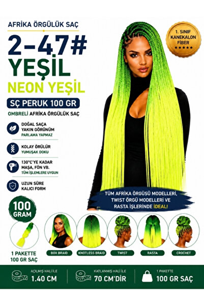 SÇ PERUK African Braiding Hair Ombreli 2-47 #   Green/Neon Green 100 Gr Kanek...