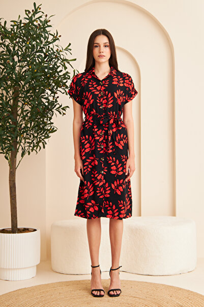 Si&Su Women's Patterned Belted Short Sleeve Shirt Dress
