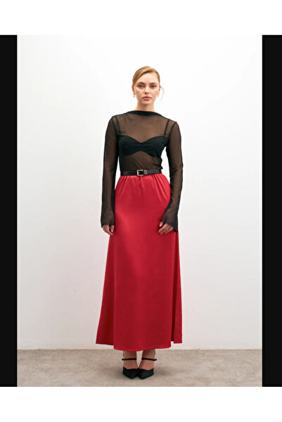 Olbia Women's Red Long Elastic Waist Satin Skirt
