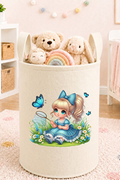 Trend Sizde Mavi Kurdeleli Kız Baskılı Oyuncak Sepeti 50x40 cm Bebek ve Çocuk...