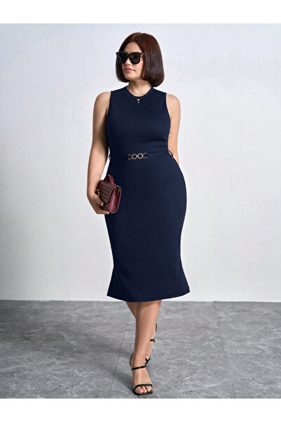 Take Two By Styli Black Plus Textured Sleeveless Bodycon midi Dress with Belt