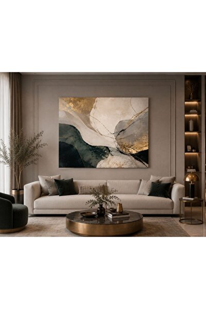 walliva Yeşil Gri Bej Gold Soyut Mermer Efektli Kanvas Tablo Modern Elegant D...