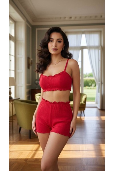 ARONA Maison Efsune Kadın Kırmızı Kaşkorse Şortlu Pijama Takımı Rahat Ev Giyim