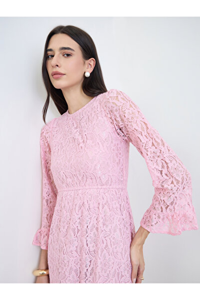 Styli Pink Lace Bell Sleeves A-Line Midi Dress