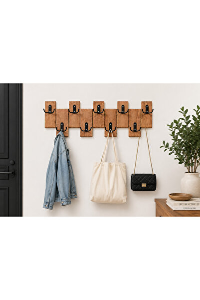 Trend Kitchen Modern 9 Adet Siyah Metal Kancalı 1.Kalite Çam Ahşap Antre, Hol...