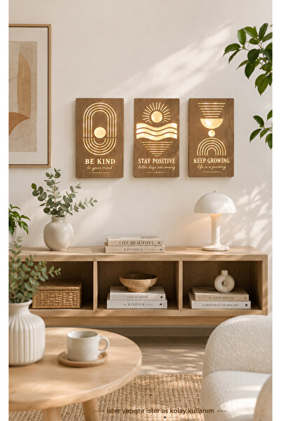 AtölyeKekik 3'lü Motivasyon Işıklı Duvar Dekoru Seti – Be Kind, Stay Positive...