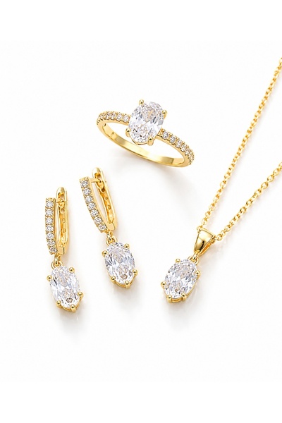 byess 925 Ayar Oval Taşlı Kolye Küpe Yüzük Gümüş Set