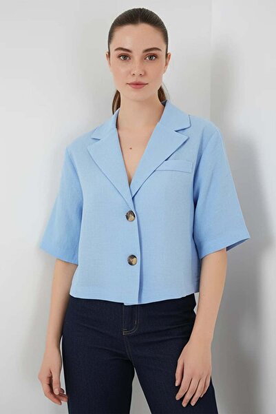 ALFA AKSESUAR 03 Women's Classic Collar Short Sleeve Linen Blue Jacket