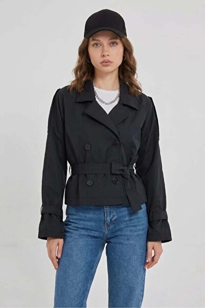 ALFA AKSESUAR 03 Women's Classic Collar Belted Black Trench Coat