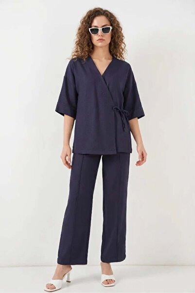ALFA AKSESUAR 03 Women's V-Neck Tie-Front Viscose Navy Blue Suit