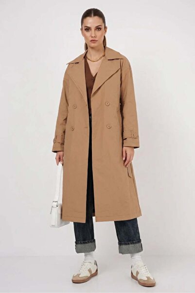 ALFA AKSESUAR 03 Women's Double-Breasted Collar Belted Biscuit Trench Coat