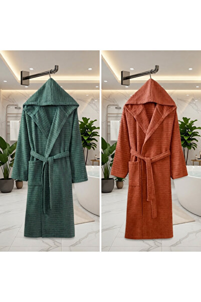 2 li set Kapüşonlu Unisex Banyo Bornozu %100 Soft Pamuklu
