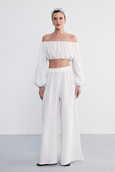 FACETTE Muslin Madonna Collar Blouse Trousers Set White