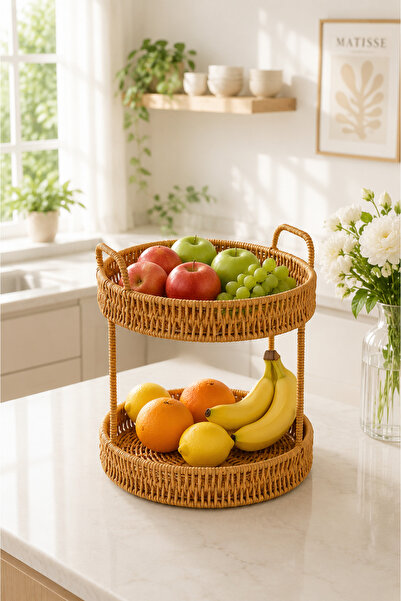 KaiHome 2-Tier Rattan Organizer Basket – Kitchen, Bathroom, and Makeup Organizer