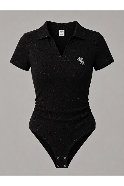 Gofeel Siyah Simli Polo Yaka Ribana Şık Bodysuit Zıbın