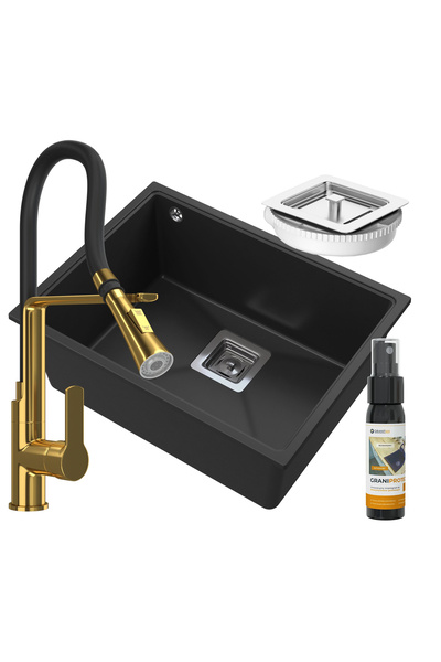 Granitan Set Chiuveta Granit NAPO 550, Negru Auriu, cu Baterie Vegas Extracti...