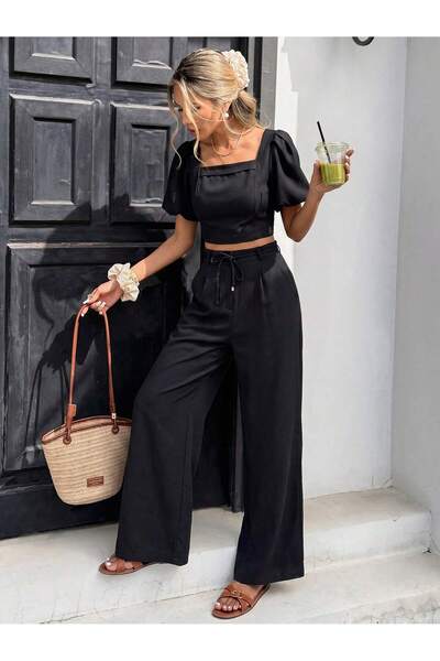 ladyzey kadın siyah kare yaka balon kol crop bluz ve bol paça pantolon takımı