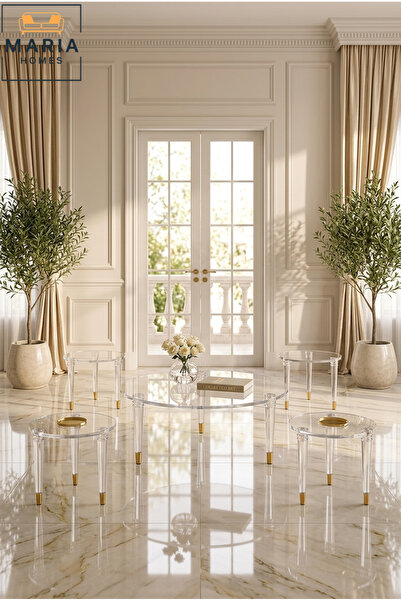 Maria Home طقم طاولة مركزية دائرية من الأكريليك - تصميم شفاف من طبقتين مع رف ...