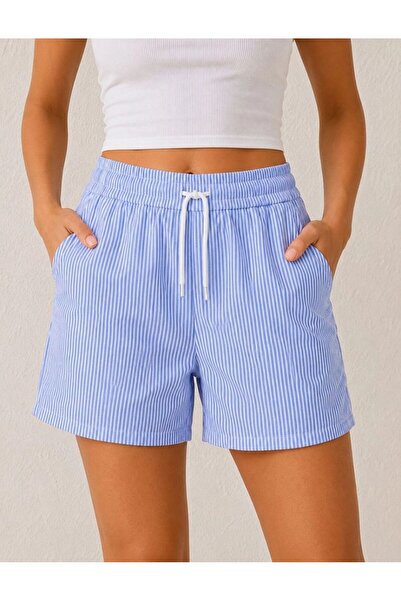 VELİZADE Women's Blue Waterway Striped Shorts with Pockets, Elastic Waist, Re...