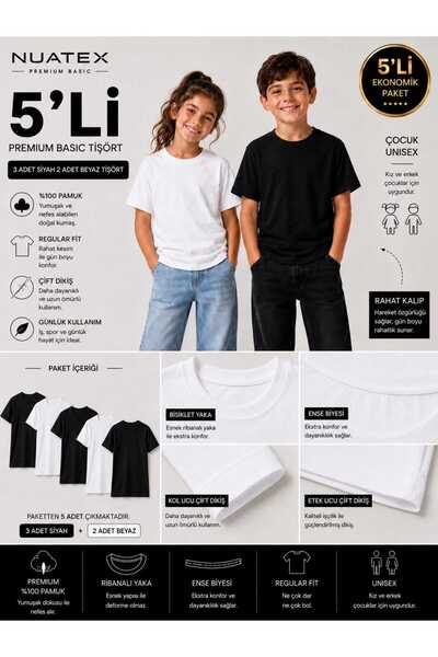 NUATEX Unisex 5-Pack Black and White Basic Regularfit Crew Neck 100% Cotton P...