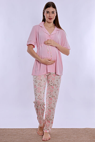 ByLohusa Short Sleeve Soft Textured Cotton Maternity Set Effortt - Pink