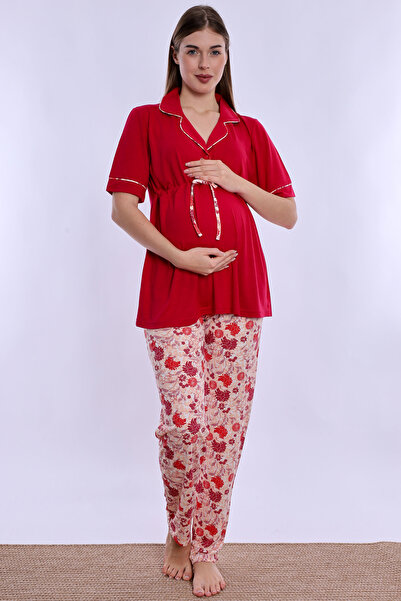 ByLohusa Short Sleeve Soft Textured Cotton Maternity Set Effortt - Cherry