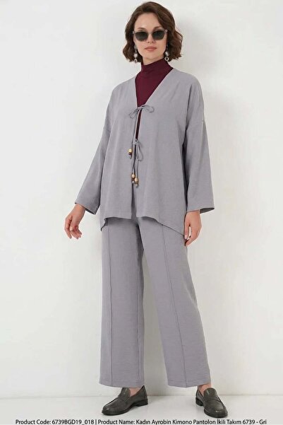 ALFA AKSESUAR 03 Women's V-Neck Belted Gray Two-Piece Set