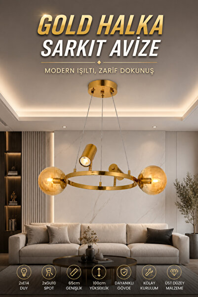 Elvora Home Modern (PREMİUM) Gold Halka Sarkıt Avize 2xE14 + 2xGU10 Gold Kasa...
