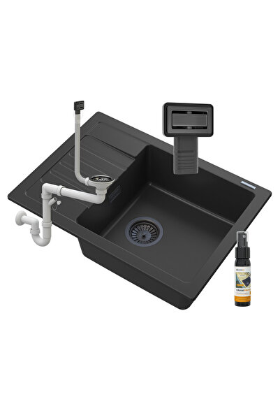 Granitan Set Chiuveta Granit Argos, 1 Bol, Scurgere, 620x440mm, Negru, Sifon,...