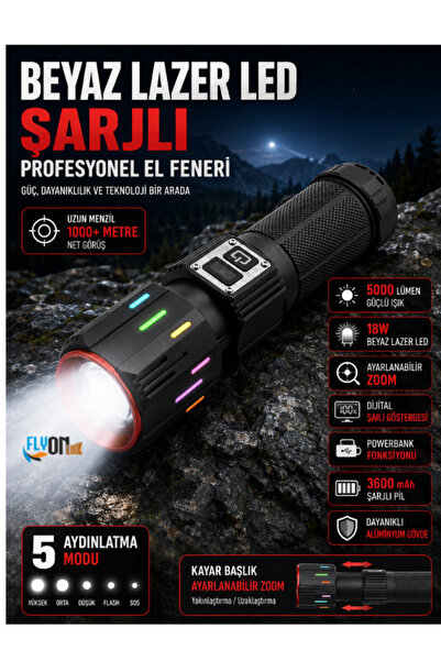 FLYONLOOK 5000 Lümen Zoomlu Şarjlı El Feneri Beyaz Lazer LED Güçlü Işık Profe...