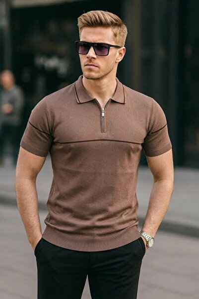 comstar Tricou cu guler polo, cu dungi, casual, maro, pentru bărbați