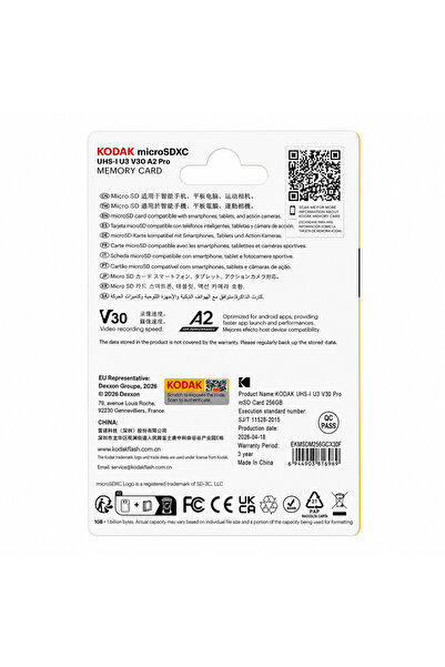 Kodak 256GB Micro SD UHS-I U3 V30PRO Hafıza Kartı