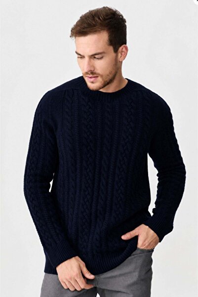 Desen Triko Men's Crew Neck Wool Sweater with Braided Hair Design, Dark Blue