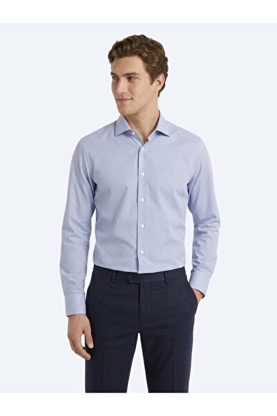 Kip Blue Micro Regular Fit Long Woven Casual 100% Cotton Shirt