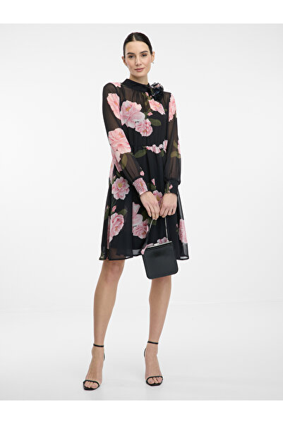 ORSAY Rochie neagră de damă cu imprimeu floral, până la genunchi