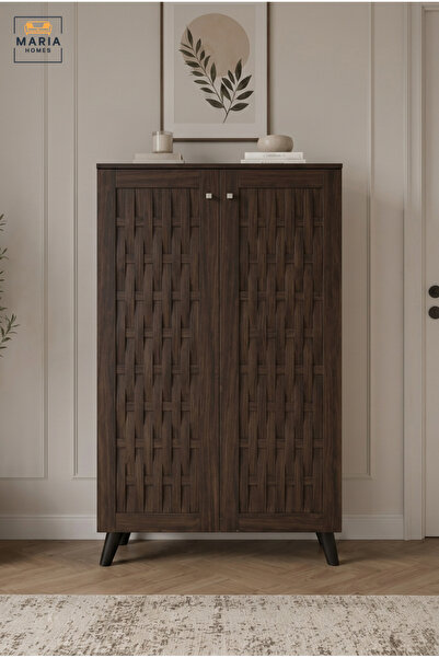 MARIA HOMES Dark Walnut Shoe Storage Cabinet with Woven Door Design – Modern ...