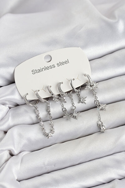 Clariss 316L Steel Silver Color Chain Detailed Zircon Stone Women's Earring Set