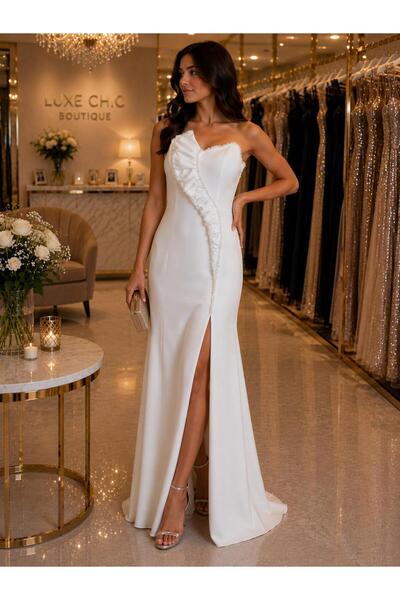 Hot Contact One-Shoulder Ruffle Detailed Slit Long Evening Dress 5360