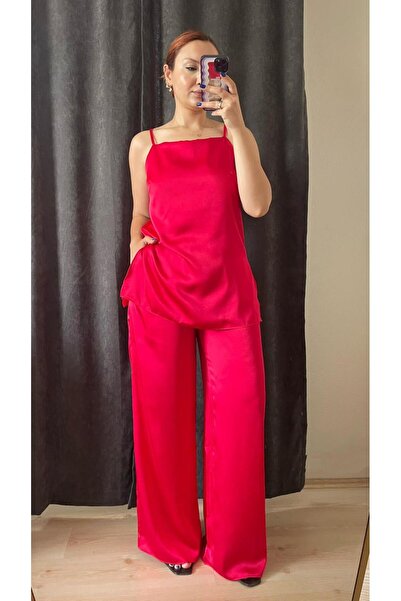 Tumtum Wear Satin Adjustable-Strap Blouse and Pants Set with Slit Detail
