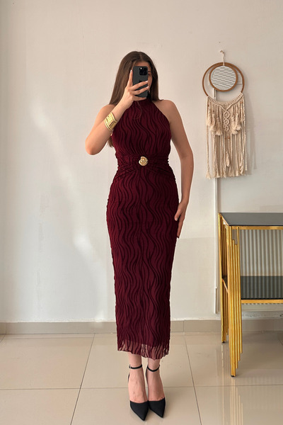Sorridi Simli Halter Yaka Gold Aksesuarlı Elbise
