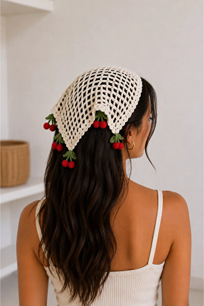MetuCA Women's Ecru Knitwear Cherry Dangle Knitted Bandana Summer Hair Scarf