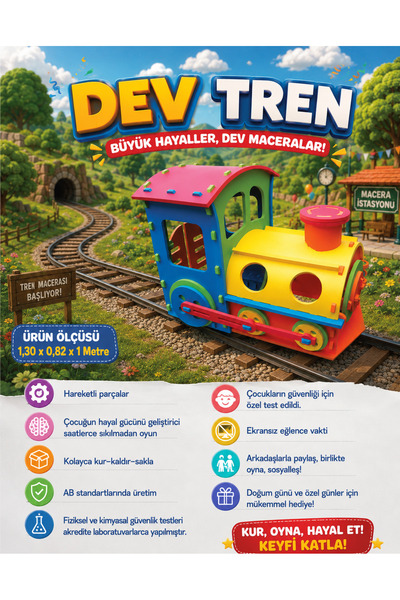 Dev Tren Oyun Seti - Güvenli ve Dayanıklı EVA Malzeme - Evde Bahçede kur oyna eğlen - ürün boyutu:130x82x100 cm