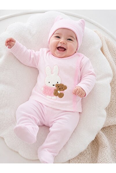 Pure Boutique Set bebelusi 3 piese din bumbac cu caciulita, compleu roz cu ie...